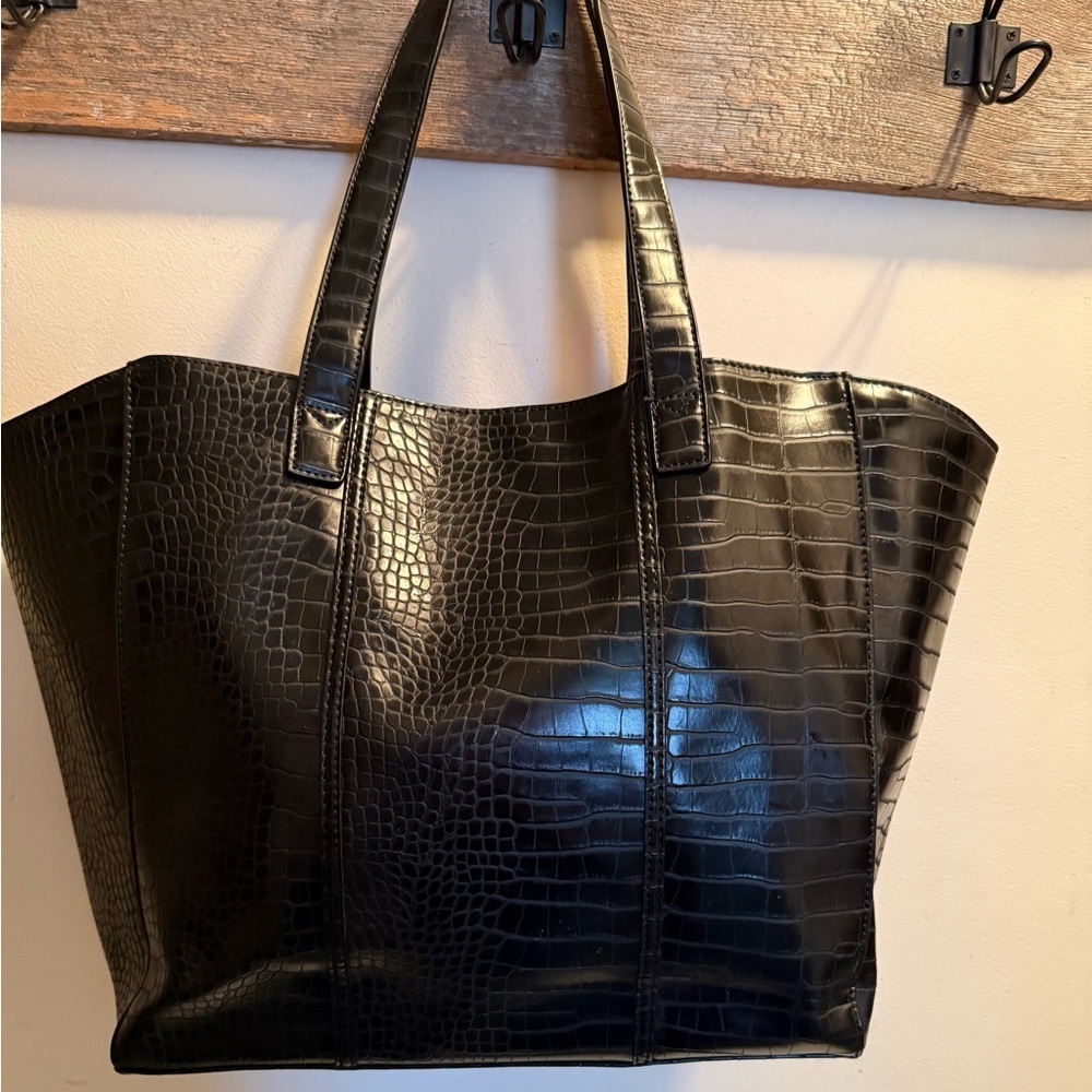Vintage Neiman Marcus Large Tote Shoulder Bag Black Vegan Leather EUC